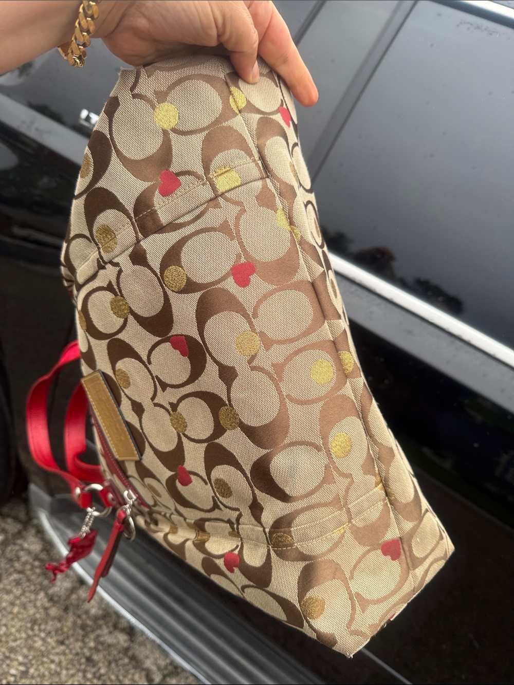 🌺❤️Coach Poppy Glam Tote 16289 Hearts Gold Dot Signature Canvas Red Leather Y2K🤎 - Picture 13 of 15